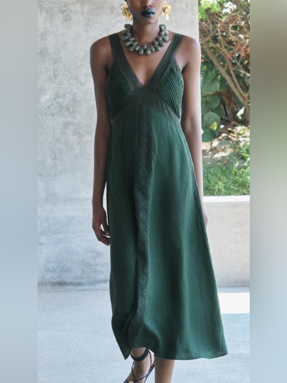 Zara Dark Green V-Neck Maxi Dress